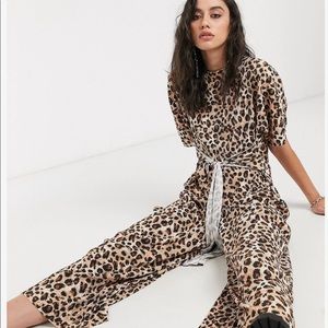 ASOS lounge plisse tie front jumpsuit in leopard